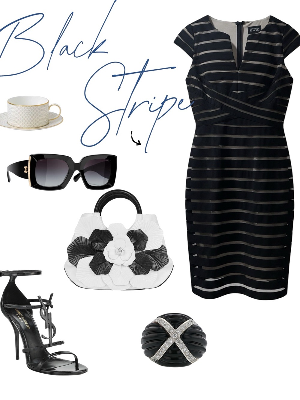 Adrianna Papell Black and Nude Striped Dress
